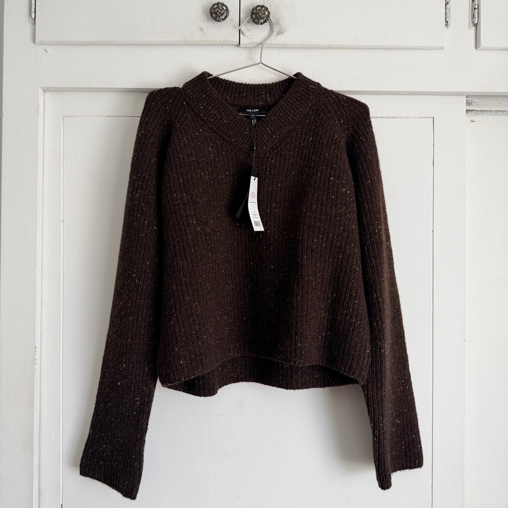 ME+EM Soft Donegal Tweed High V-Neck Crop Jumper - Chocolate - Picture 1 of 7